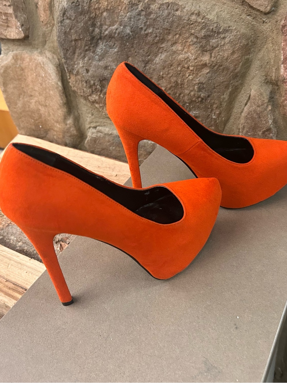 Women's Orange Suede Platform Stiletto Pumps by Qupid 8